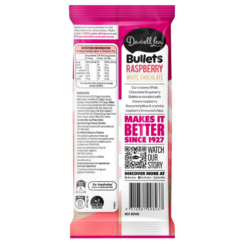 White Chocolate Raspberry Bullets Block 160g | Darrell Lea